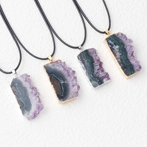 Natural rectangular amethyst druzy pendant with metallic trim on black cord necklace