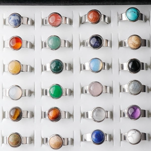 Set of 24 stainless steel rings with 11mm natural gemstone cabochons in white display box