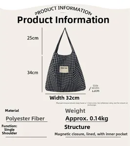 Detailed view of checkered tote bag dimensions showing the magnetic closure and inner lining