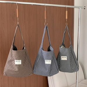 Women Gingham Tote Bag Large Capacity Poly Cotton Canvas Shoulder Bag Simple Fashion For Commute Travel Aesthetic Korean Style
