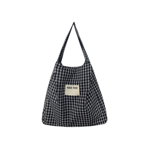 Classic black and white checkered canvas tote bag with See You patch for daily commuting
