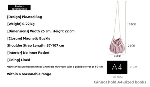 Pink pleated cloud bag details with size dimensions and pearl chain strap specification