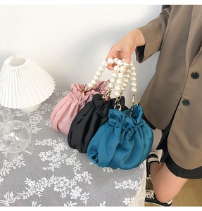Satin cloud bags with drawstring pleats and elegant large pearl handle in three colors