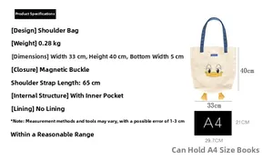 Detailed size parameters and layout view of a white canvas duck handbag with blue handles