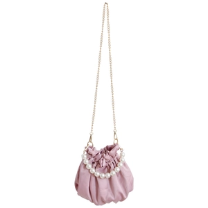 Pink satin cloud bag with pearl handle and golden chain strap in elegant pleated style