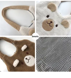 Detailed views of plush bear tote bag showing soft sherpa fabric and checkered lining