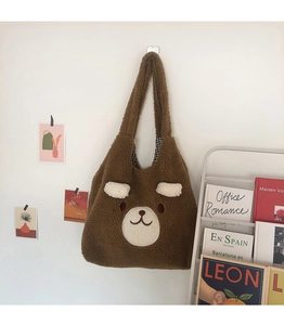 Detail of cute plush bear tote bag showing brown furry texture and plaid lining