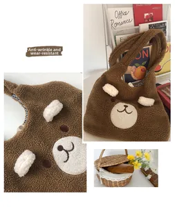 Close-up of brown plush bear tote with soft teddy fur texture and metal buckle detail