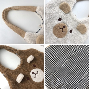 Cute teddy plush shoulder bag with bear ears in white and brown colors shown from all angles
