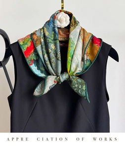 Detail of silk wool blend scarf featuring Van Gogh oil painting style and hand-rolled edges