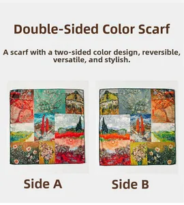 Detail of double-sided Van Gogh oil painting prints on silk wool blend square scarf