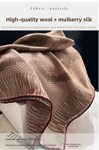 Detail of wool and silk scarf fabric showing texture and 18% silk 82% wool blend