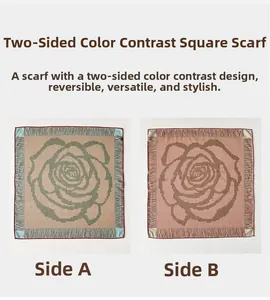 Detail of silk wool square scarf with double-sided rose print and fringed edges
