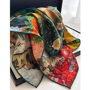 Silk-wool blend artistic scarf with oil painting patterns and rolled edges