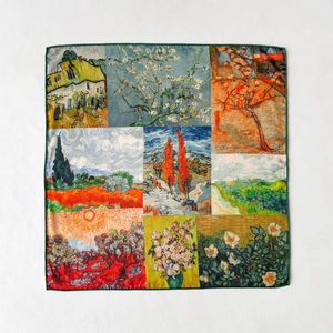Artistic silk wool square scarf featuring Vincent van Gogh oil painting collage pattern