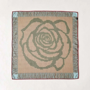 Elegant silk wool square scarf with sage green rose jacquard and delicate fringe trim