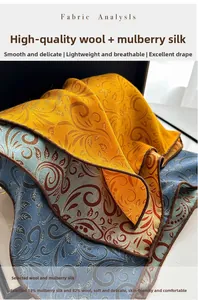 Detail view of double-sided silk wool scarf with vintage floral patterns and fabric composition