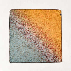 Vintage gradient silk square scarf with blue and orange floral prints on white background