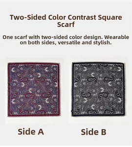 Close-up of dual-sided paisley scarf showing contrasting red-blue and black-grey sides