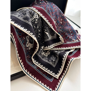 Elegant paisley print silk wool blend scarf in deep burgundy and navy blue colors
