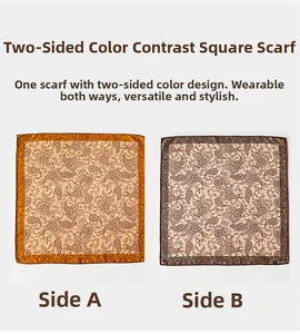 Detail of double-sided paisley print square scarf showing contrast colors on both sides