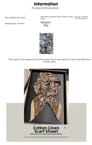 Detailed view of brown paisley pattern polyester scarf with fabric specifications and size