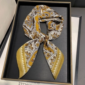 Elegant vintage paisley silk-feel square scarf with yellow and brown floral patterns