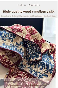 Detailed texture of damascus patterned wool silk scarf showing jacquard weave and quality