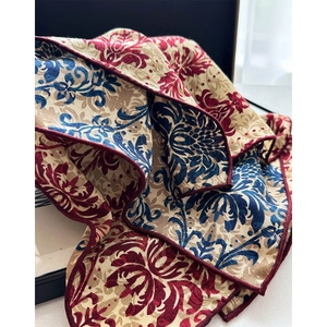 Elegant floral print square scarf with deep red and navy damask pattern for women