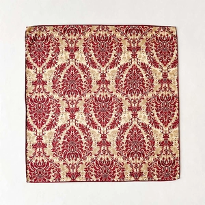 Classic red damask pattern square neck scarf with elegant floral prints and rolled edges
