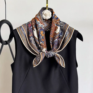 Vintage Paisley Printed Mulberry Silk Wool Blend Square Scarf For Women Elegant Navy Blue Orange Totem Pashmina Headscarf Wrap