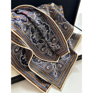 Elegant paisley print silk wool blend square scarf in navy blue and orange patterns