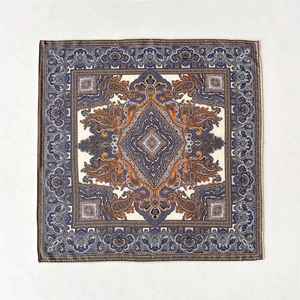 Elegant paisley silk wool blend square scarf in vibrant blue and orange floral pattern