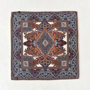 Elegant paisley print silk wool blend square scarf in navy and orange bohemian pattern