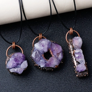 Collier Pendentif En Pierre Brute D'Améthyste Naturelle Rétro Bohème Amas De Cristaux Bijoux Géométriques Femmes
