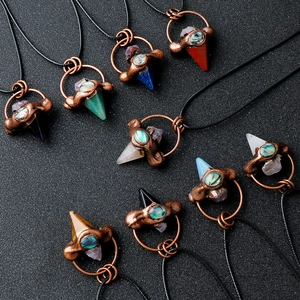 Retro bronze necklace with hexagonal crystal pendant and abalone shell inlay details