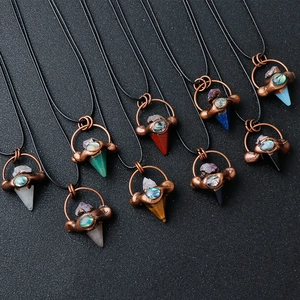 Retro Natural Stone Hexagonal Column Pendant Necklace Antique Bronze Copper Alloy Inlaid Abalone Shell Healing Gemstone Jewelry Women