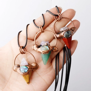 Handcrafted bronze pendant necklaces with hexagonal natural stones and abalone shell inlays