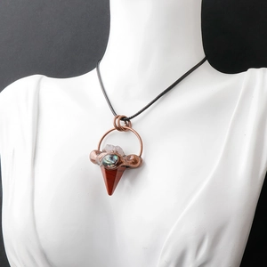 Ethnic bronze necklace with hexagonal red jasper pendant and colorful abalone shell inlay