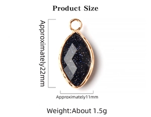 Macro detail of navette cut gold plated blue sandstone pendant with size specifications