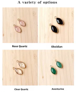 Marquise cut gemstones in gold frames featuring rose quartz obsidian and aventurine