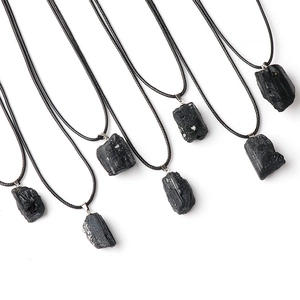 Natural Black Tourmaline Raw Stone Pendant Necklace Irregular Rough Mineral Specimen Schorl With Leather Rope