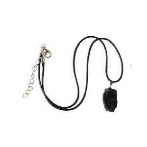Natural black tourmaline irregular raw stone pendant necklace with black cord