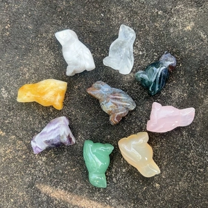 Set of nine hand-carved 1-inch natural crystal and agate bird figurines in various colors