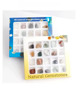 Macro detail of educational collection featuring 20 natural raw crystals and minerals