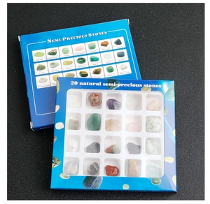 Collection of 20 natural mineral gemstone specimens in a blue display box with labels