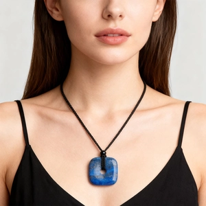 Pendentif carré en lapis-lazuli naturel avec taches dorées sur un collier cordon noir