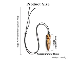 Detailed size chart showing tiger eye goddess pendant with 50mm height and adjustable cord
