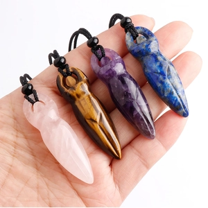 Set of four natural crystal goddess pendants featuring rose quartz and tiger eye stones
