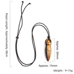 Tiger Eye Stone Goddess Pendant with braided cord showing size specs 50x15mm and 38cm